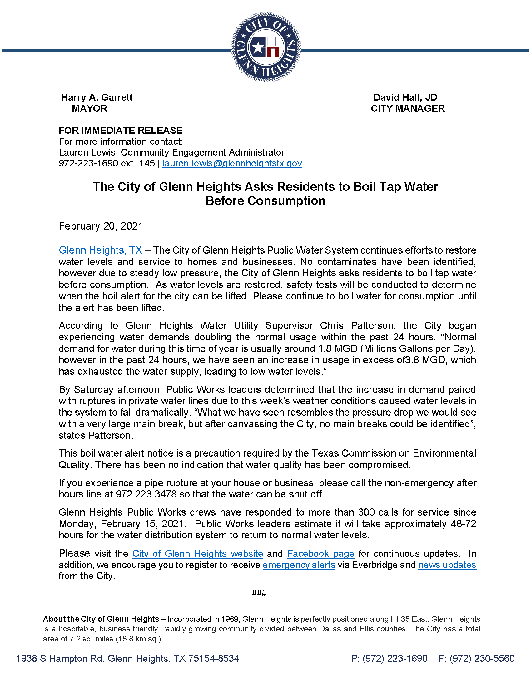 Final Press Release The City of Glenn Heights Asks Residents to Boil Tap Water Before Consumption 2.
